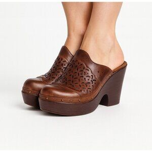 Indigo By Clarks Rich Brown Leather Block 3.5 Heel Mules Slide Clog Shoes Sz 9 M